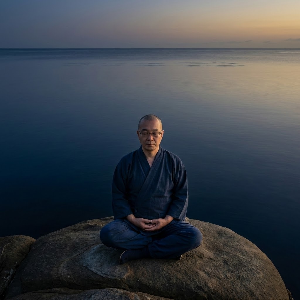 Osho Shin seated by the sea