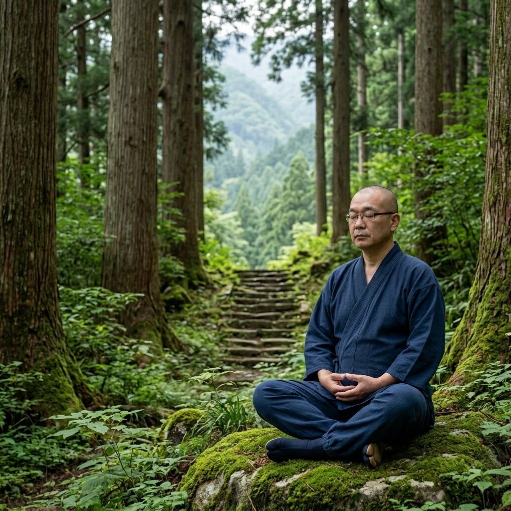 Osho Shin standing in a cedar forest