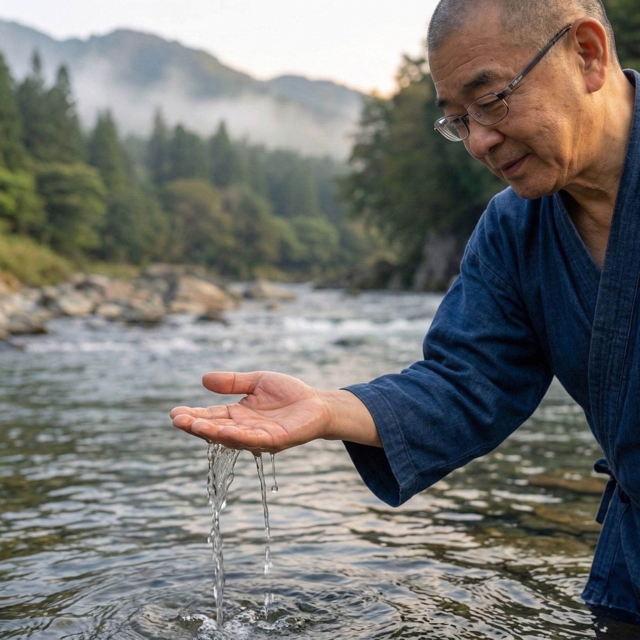 Osho Shin with hands in flowing water